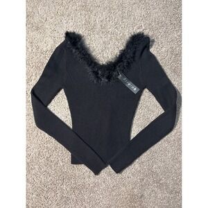 Y2K Chesley Black‎ Ribbed Knit Faux Fur Trim V-Neck Sweater Long Sleeve Top Med.